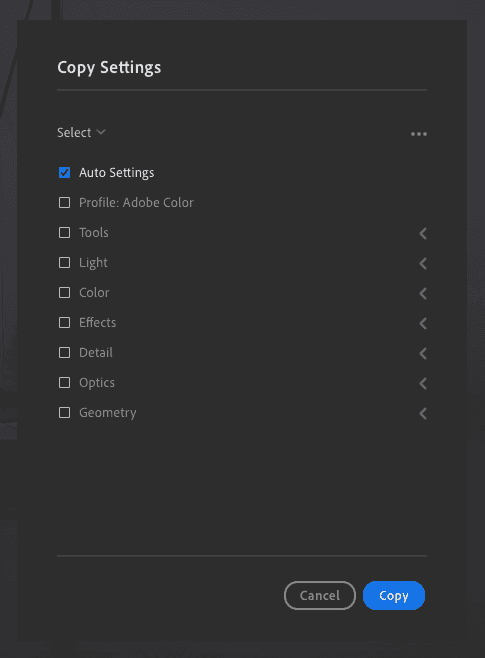 Select which settings you want to copy